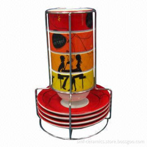 220cc Porcelain Cups and Saucers with Iron Stand Pack, Dishwasher- and Microwave-safe